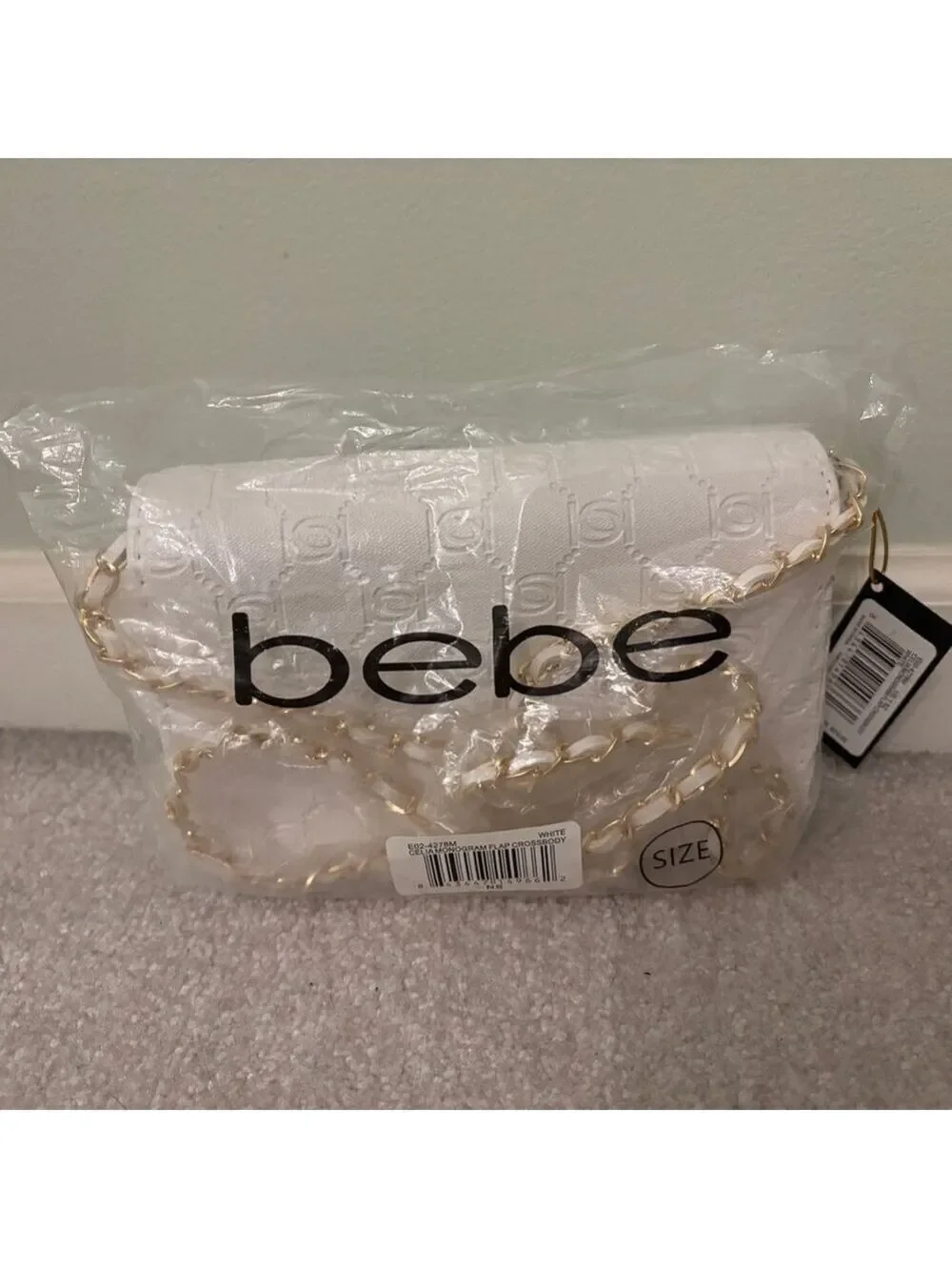 NWT Bebe Celia Monogram Flap Crossbody Bag White Gold Chain Small Purse